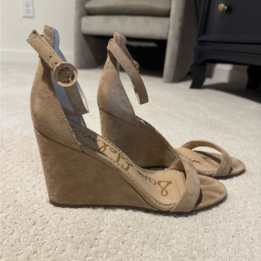 Sam Edelman Beige Suede Wedge Sandals with Ankle Strap